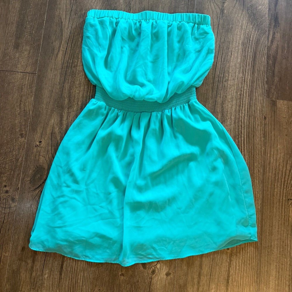 Express Strapless Blouson Dress Womens Small Turquoise Smocked Mini Chiffon Airy